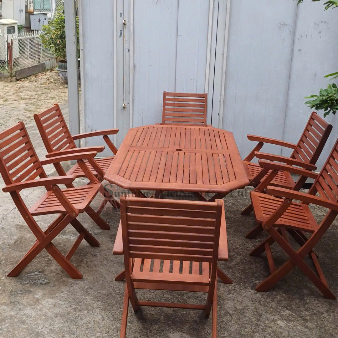Combo Bàn Ghế Ngoài Trời Gấp Xếp A116 SUNFURN (1 Bàn Gỗ Octa 140cm + 6 Ghế Gỗ Xếp Có Tay Vịn) - Bộ Bàn Ghế Ăn Sân Vườn, Nhà Hàng Gấp Gọn